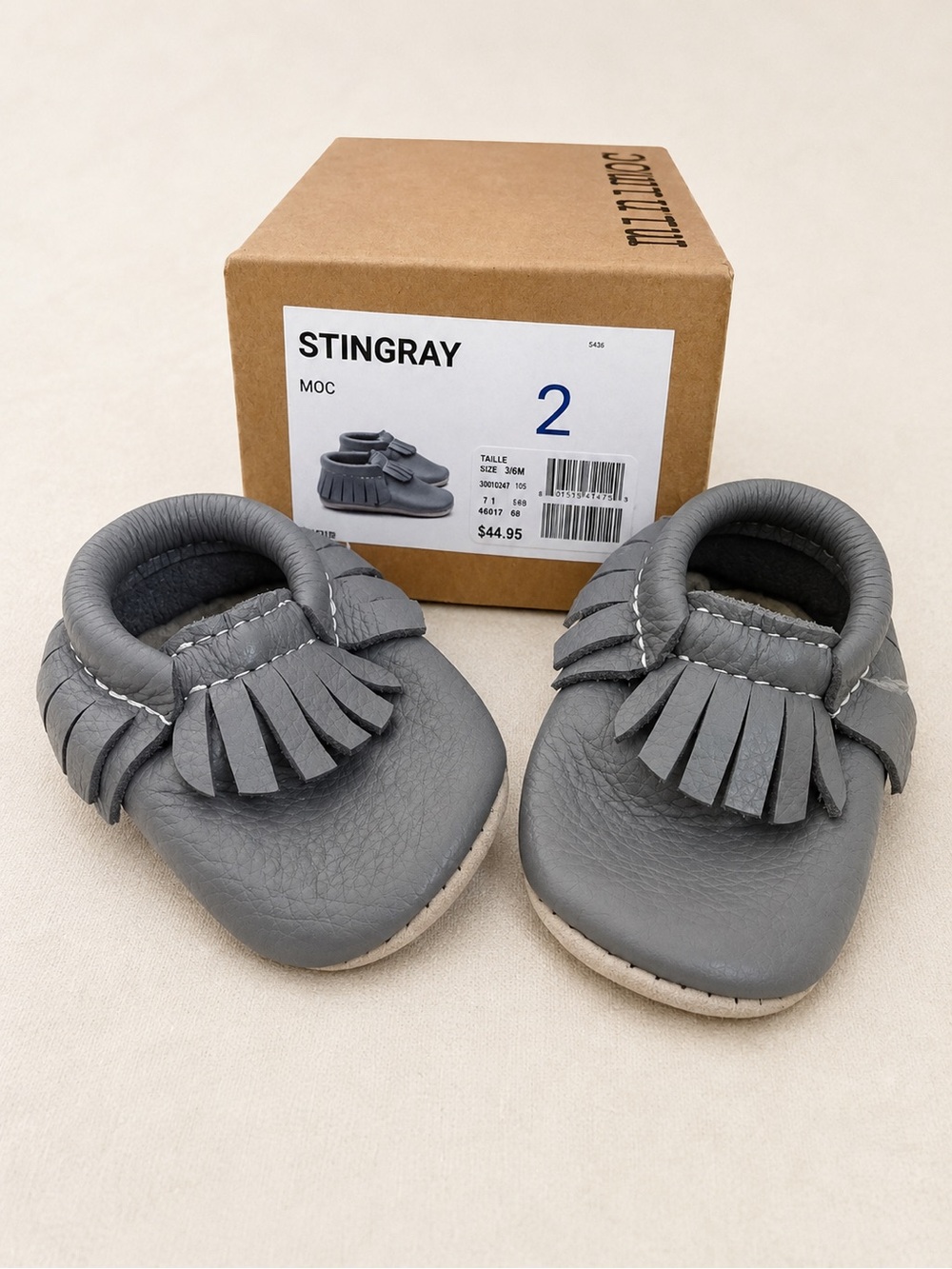 Mini Moc / HeyFolks Baby Moccasins with Fringe in “Stingray” (Dusty Blue/Gray)